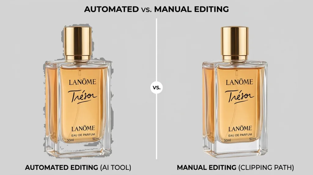 Comparison between AI background removal struggling with transparent glass and flawless manual image masking by Photofixal.