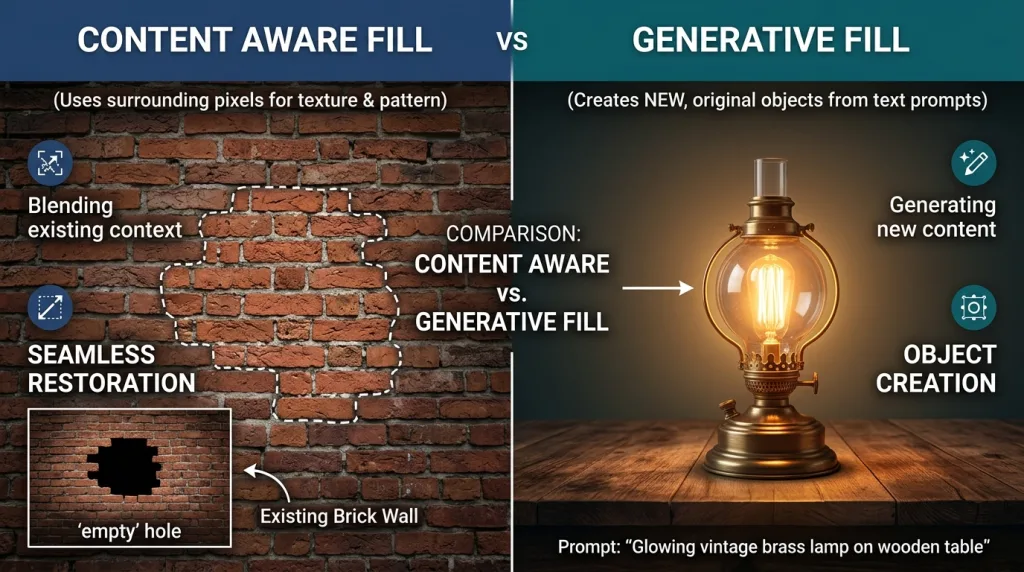 Comparison between Content Aware Fill for texture matching and AI Generative Fill for adding new objects.