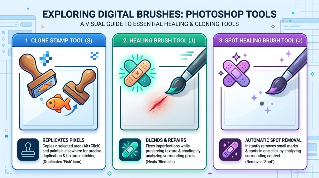 Comparison between Photoshop Clone Stamp, Healing Brush, and Spot Healing Brush tools.