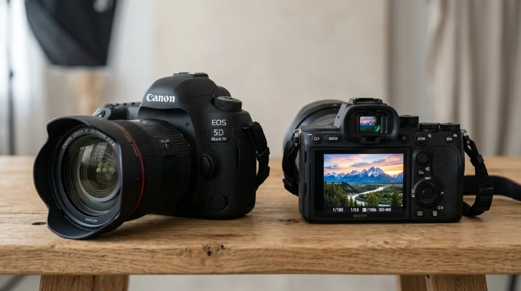 Comparison between a compact mirrorless camera with active EVF and a traditional bulky DSLR camera
