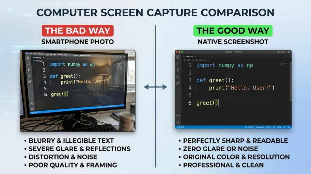 Comparison between a low quality phone photo of a computer screen and a sharp Windows 11 digital screenshot