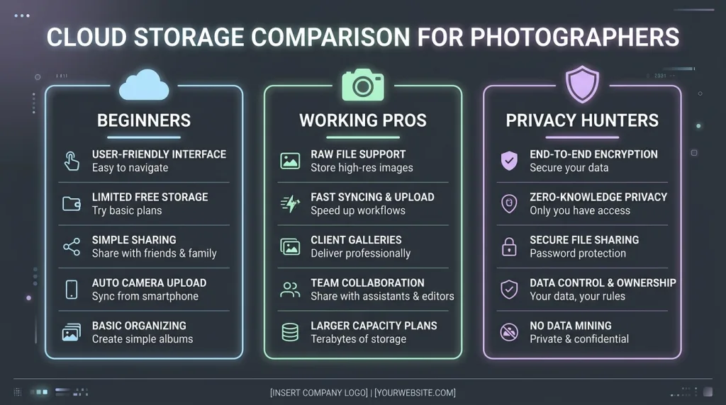 Comparison chart infographic of the best photo cloud storage services for different photographer workflows