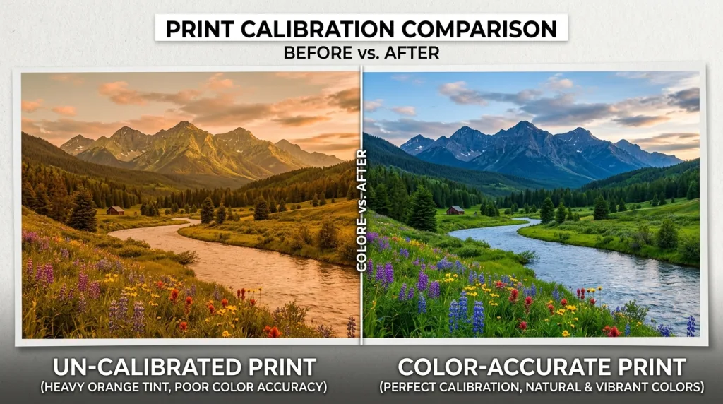 Comparison of a failed print with color shifts versus a color-accurate print managed by professional printing software.