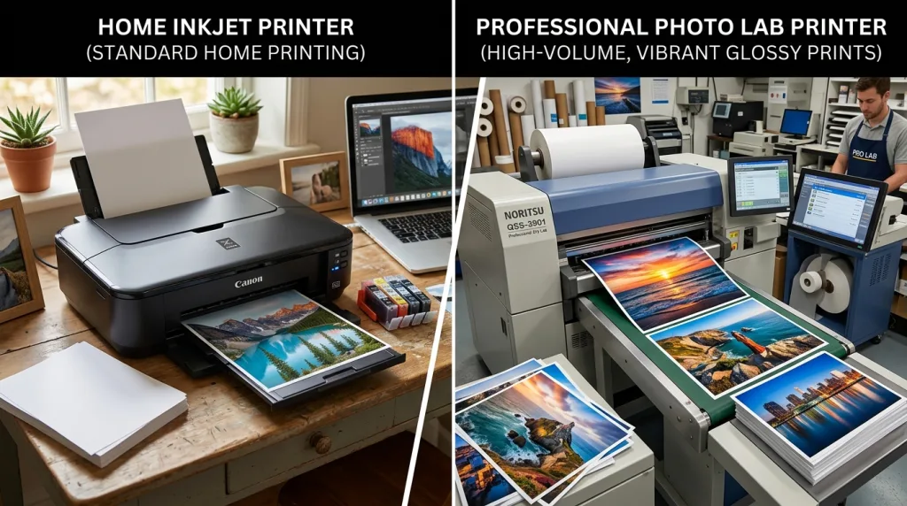 Comparison of a home desktop photo printer versus professional photo lab printing equipment