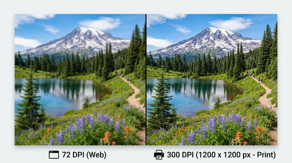 Comparison of a low resolution 72 DPI image and a high quality 300 DPI 1200x1200px 4x4 photo print