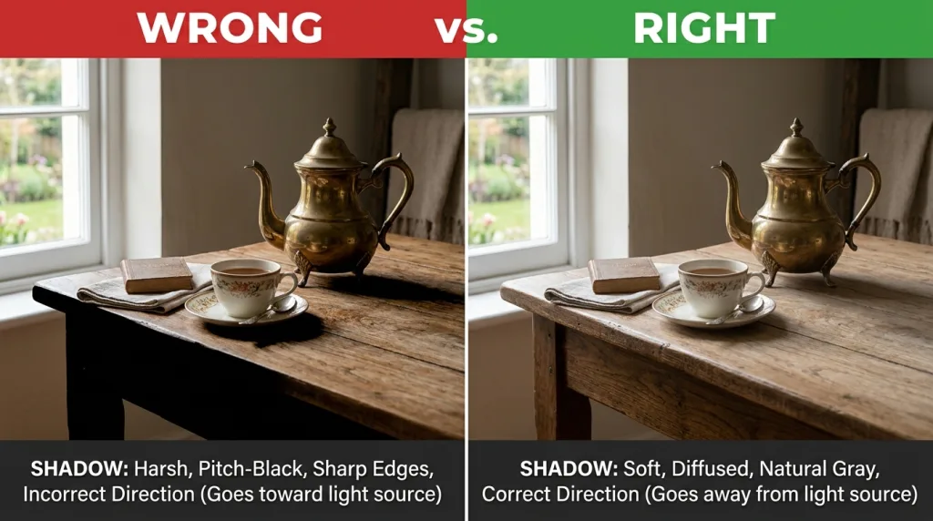 Comparison of common fake-looking Photoshop shadow mistakes versus a correctly blurred and masked realistic shadow.
