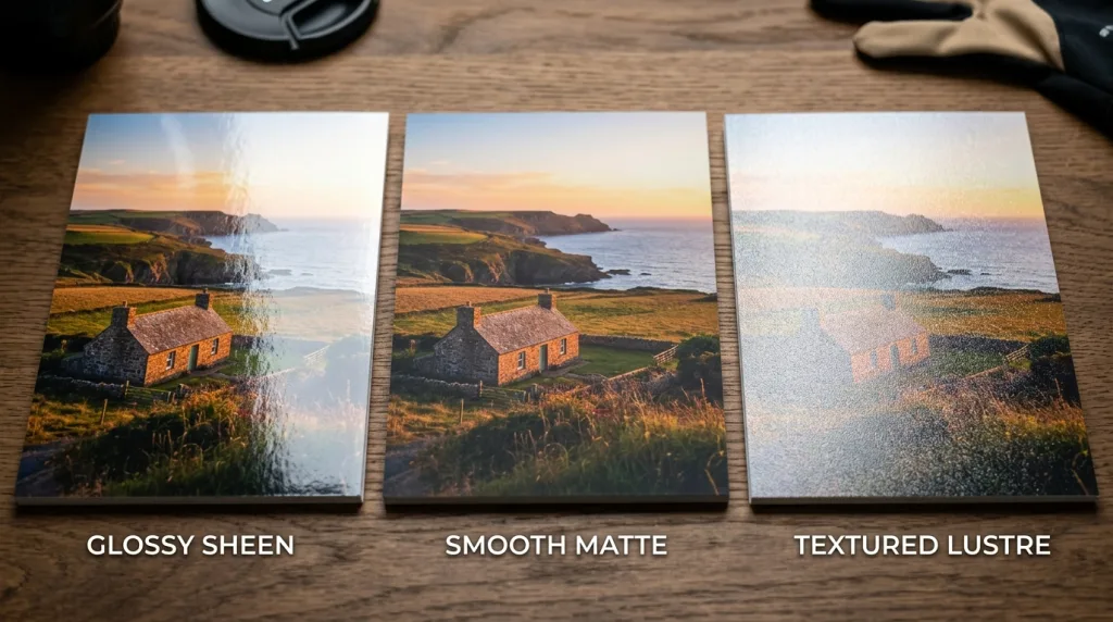 Comparison of glossy, matte, and lustre photo paper finishes on 5x7 prints.