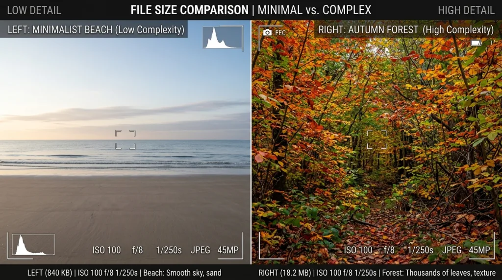 Comparison of image complexity and detail affecting photo file size on 64GB storage.