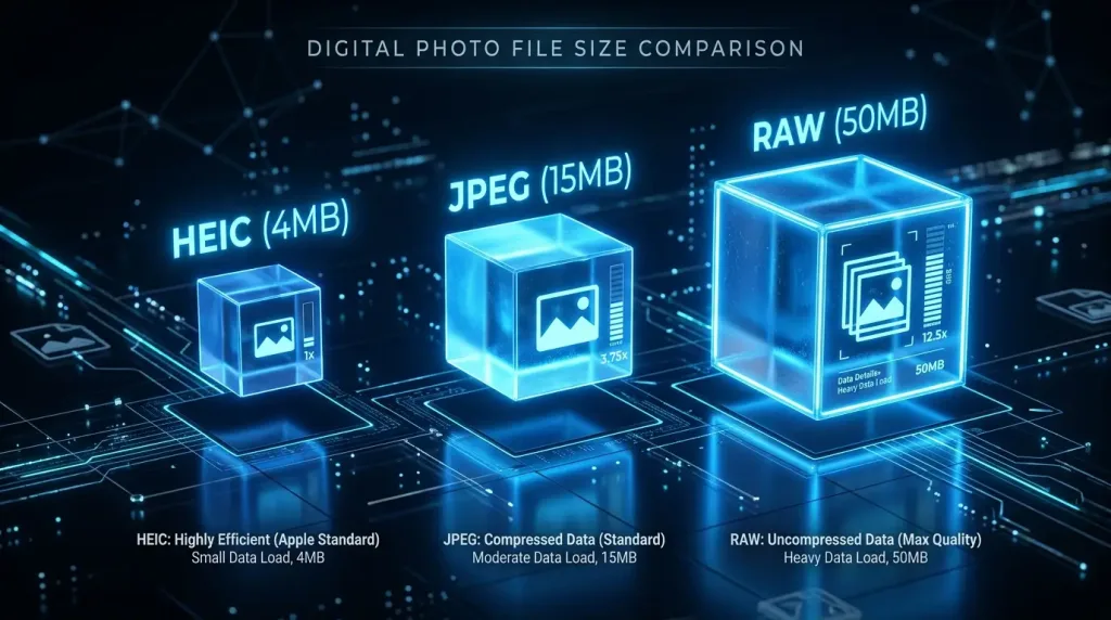 Comparison of photo file sizes including HEIC, JPEG, and RAW formats to calculate 256GB storage capacity.