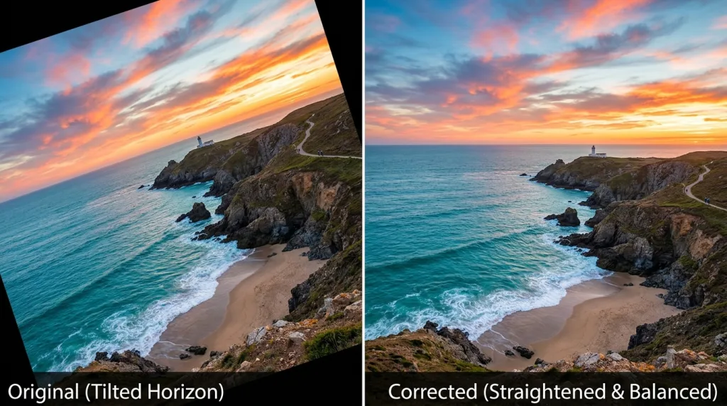 Comparison showing a tilted landscape photo before and after proper image rotation in Photoshop.