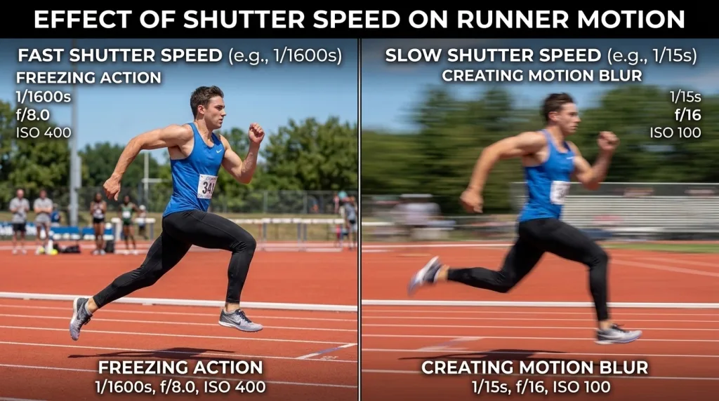 Comparison showing fast versus slow shutter speed effects in the photography exposure triangle.