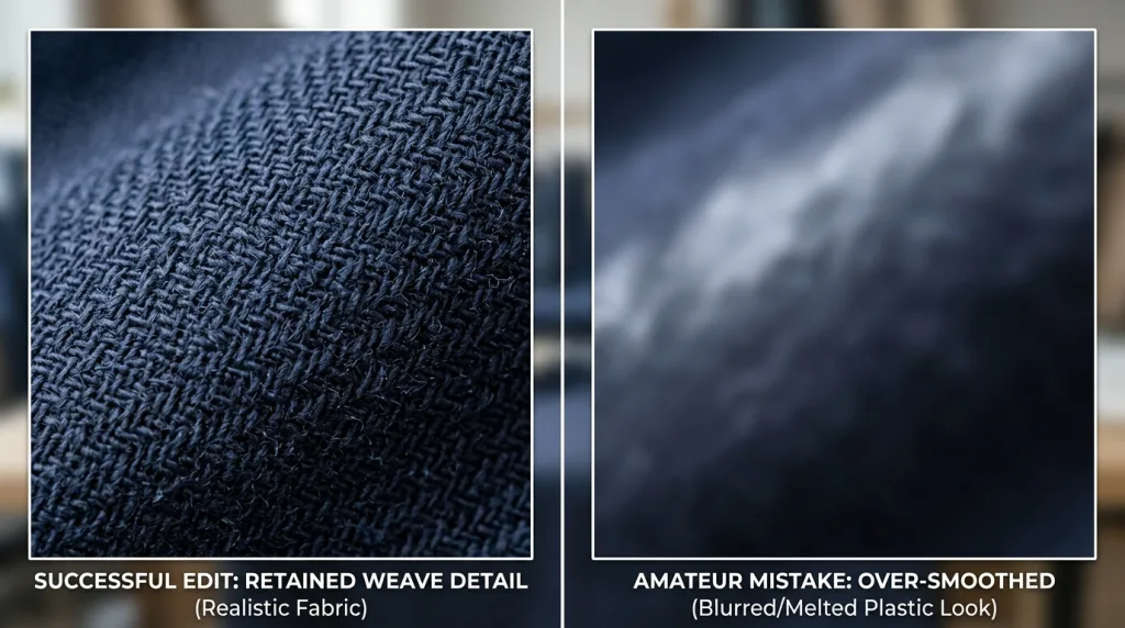 Comparison showing natural fabric retouching versus an over-smoothed, plastic-looking Photoshop editing mistake.