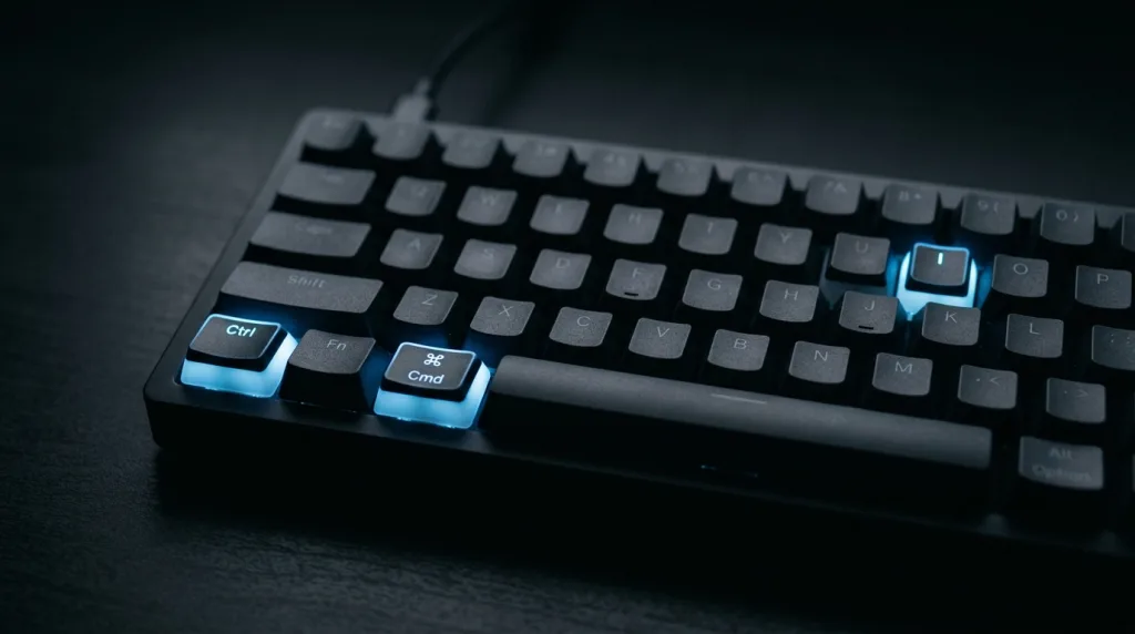 Computer keyboard highlighting the Ctrl plus I shortcut for inverting colors in Photoshop