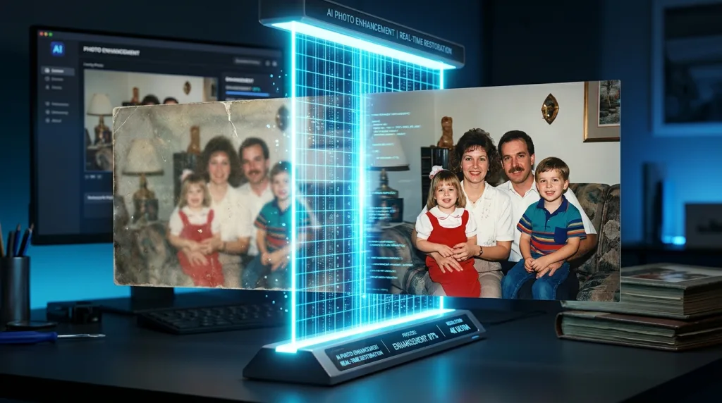 Concept of AI powered image upscaling tool converting low-res photo to high definition