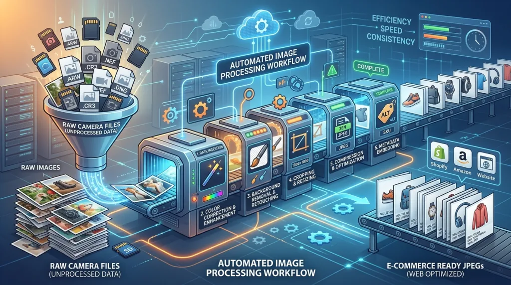 Conceptual graphic representing Photoshop automated batch processing for e-commerce product photography.