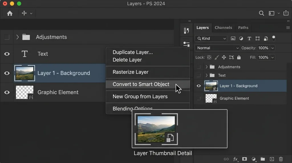 Converting a standard layer into a Smart Object in the Photoshop layers panel for lossless image rotation.