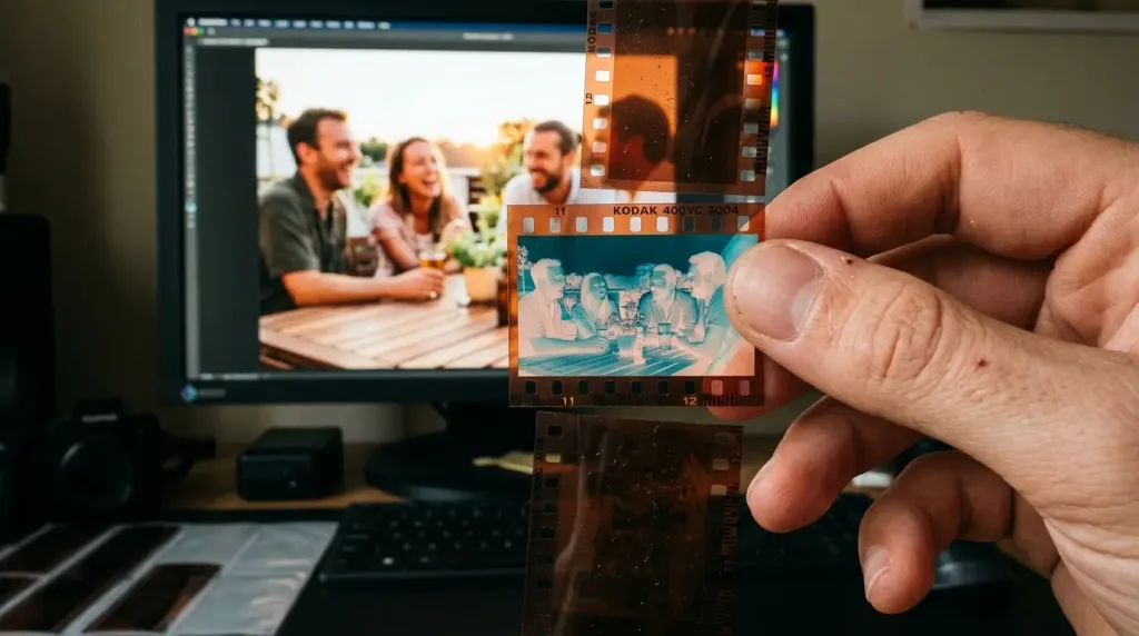 Converting a vintage 35mm film negative into a natural positive image using a photo color inversion tool.
