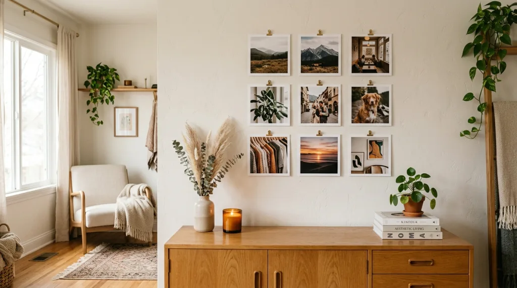 Creative grid wall art display using multiple square 4x4 printed pictures in a modern room