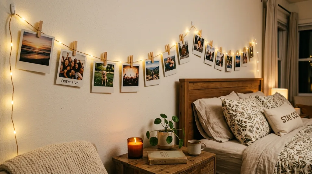 Creative home decor display showing polaroid-style photo prints hung on a string with fairy lights and wooden clothespins.