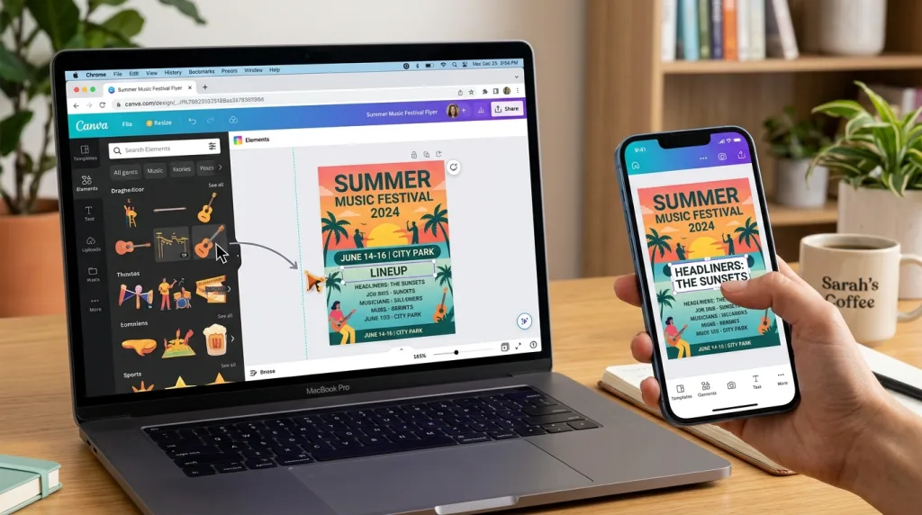 Designing event flyers using Canva mobile app and desktop editor