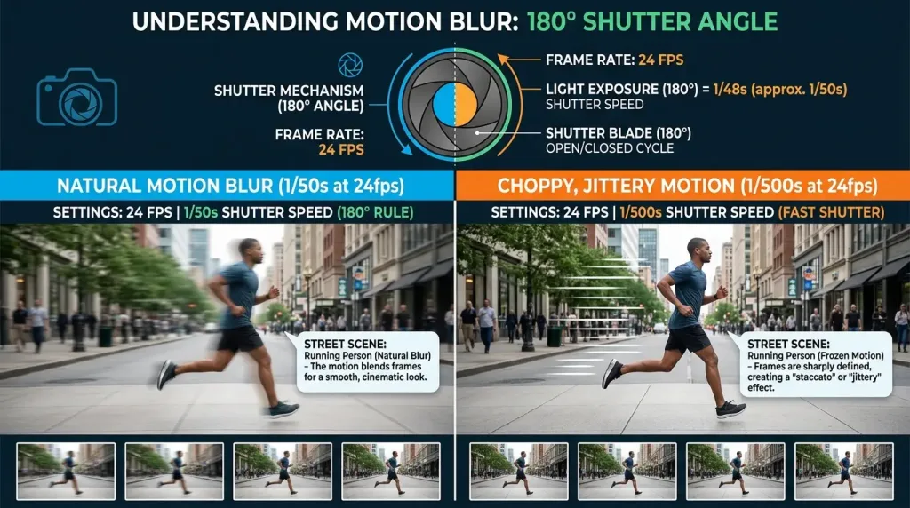 Diagram explaining the 180-degree shutter rule in videography and its effect on natural cinematic motion blur.