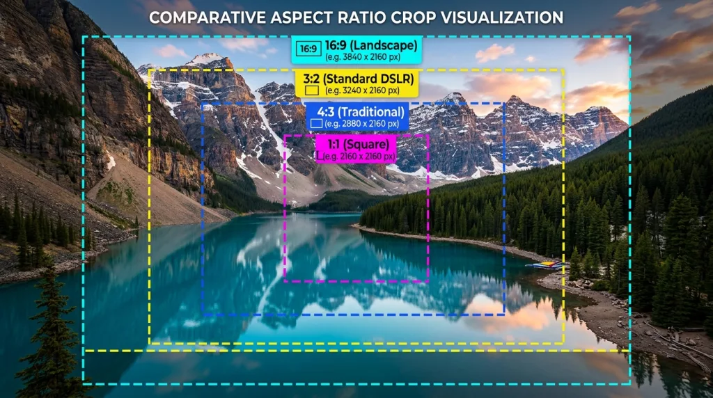 Diagram illustrating common aspect ratios including 169, 32, 43, and 11 on a landscape photograph.