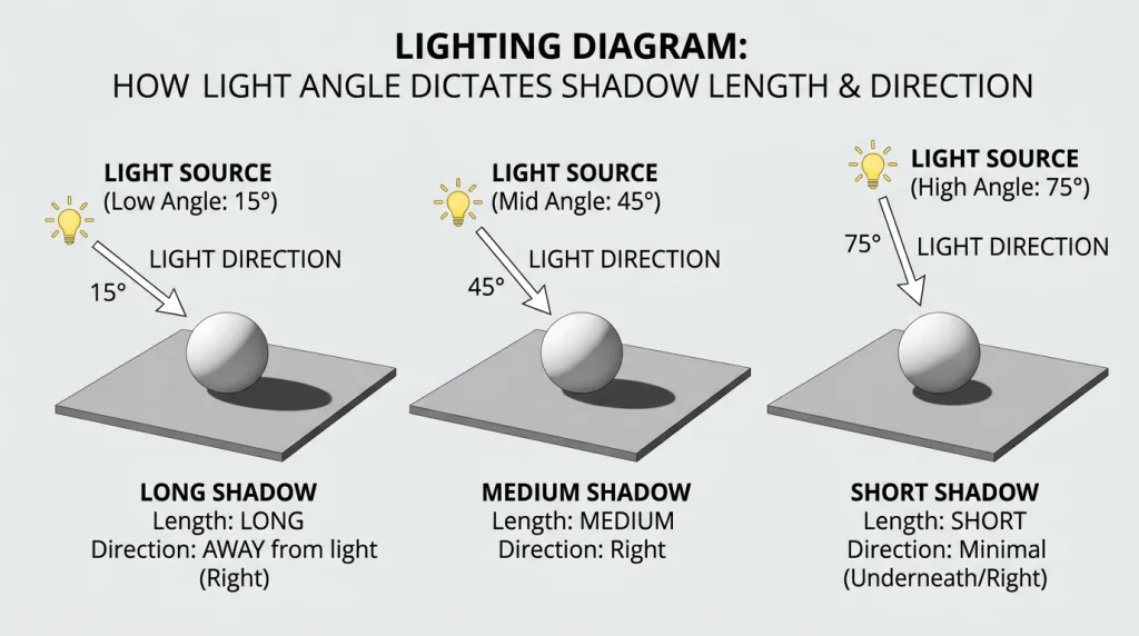 Diagram illustrating how light direction and source affect shadow angle and length in photo editing.