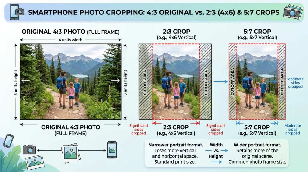 Diagram showing how a smartphone camera photo crops to fit 4x6 and 5x7 aspect ratios