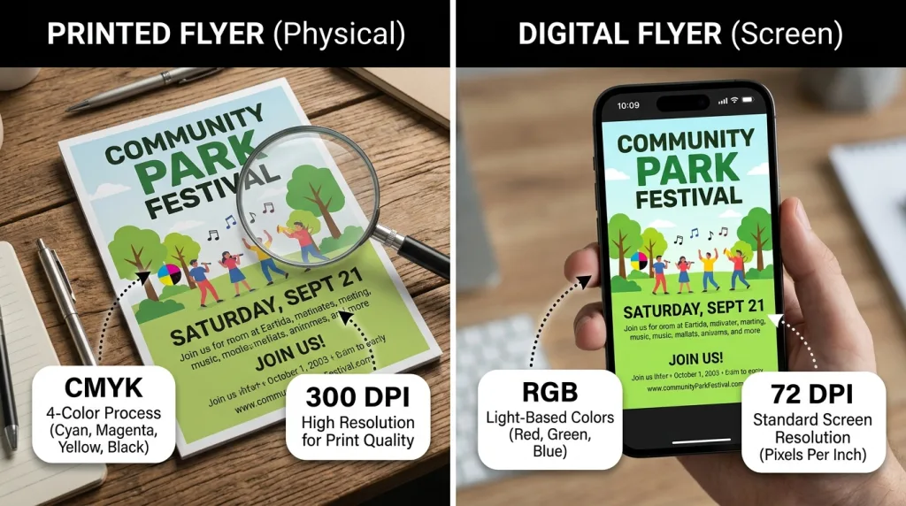 Difference between print flyers and digital flyers formats CMYK vs RGB