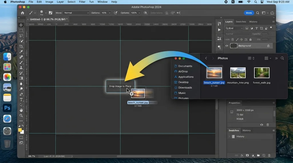 Dragging and dropping a second image onto a background canvas in Photoshop
