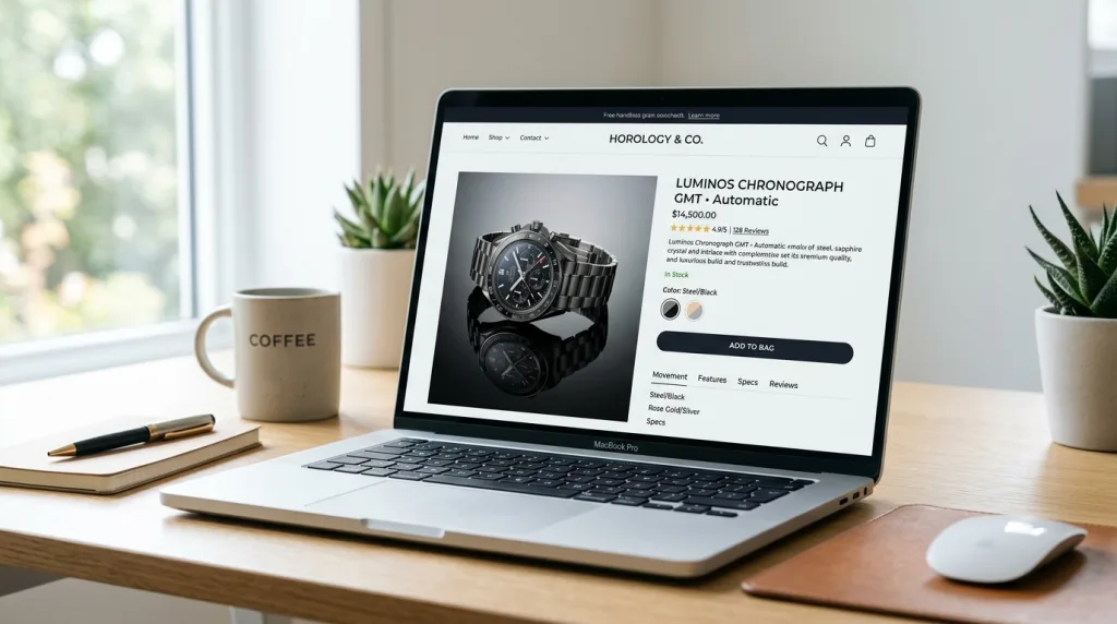 E-commerce product page on a laptop displaying a luxury watch with a high-quality reflection shadow to boost buyer trust and perceived value.