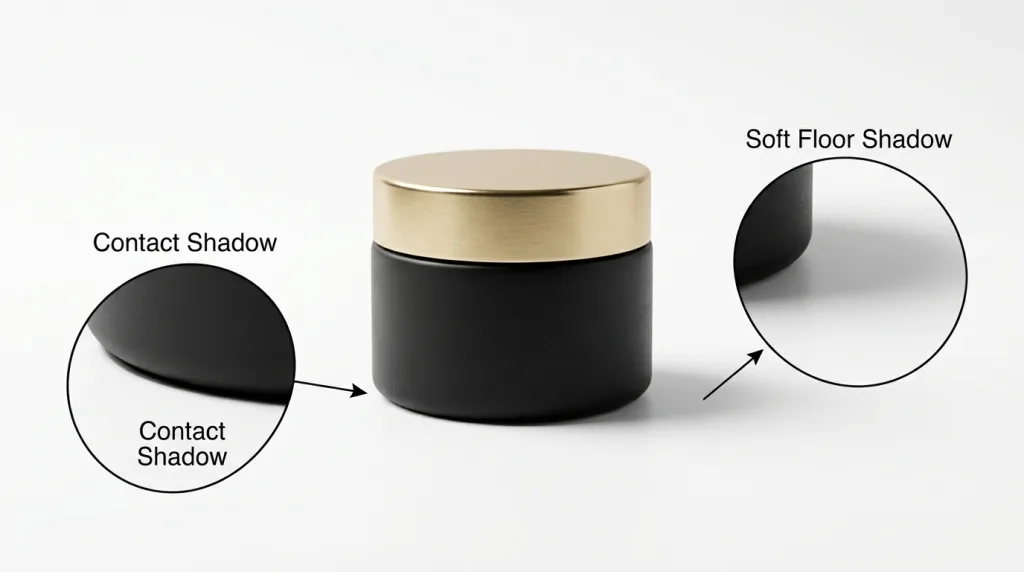 E-commerce product photo on a white background highlighting the difference between a contact shadow and floor shadow.