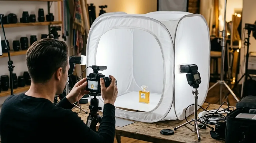 E-commerce product photography setup using a white light tent and dual softboxes