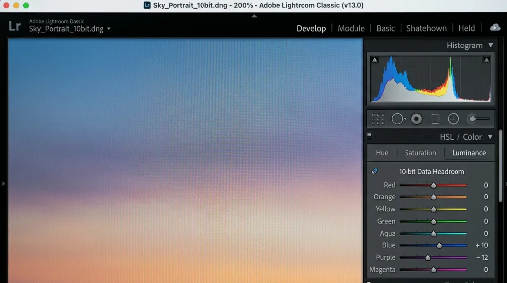 Editing 10-bit HEIF photo in Lightroom showing high dynamic range and smooth gradients