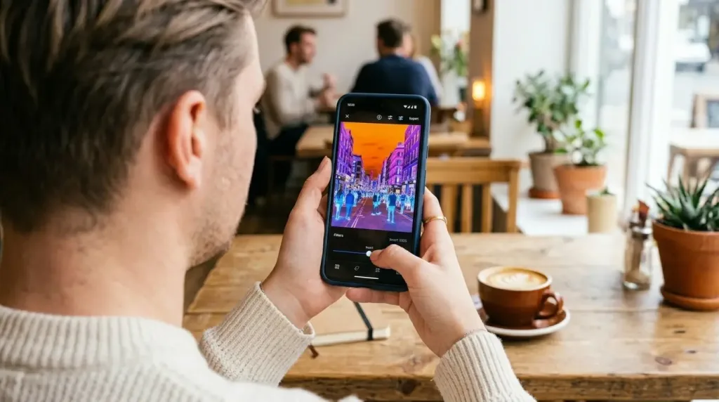 Editing a photo with a color inversion filter on a mobile app smartphone interface.