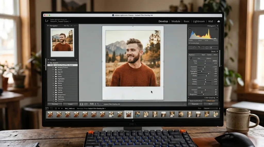 Editing digital photos on a computer to add vintage tones, grain, and borders for an authentic polaroid aesthetic.