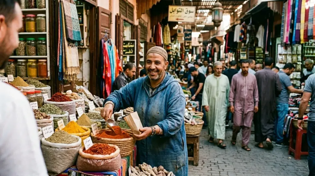 Environmental street portrait of a vendor captured with a 35mm wide-angle lens.
