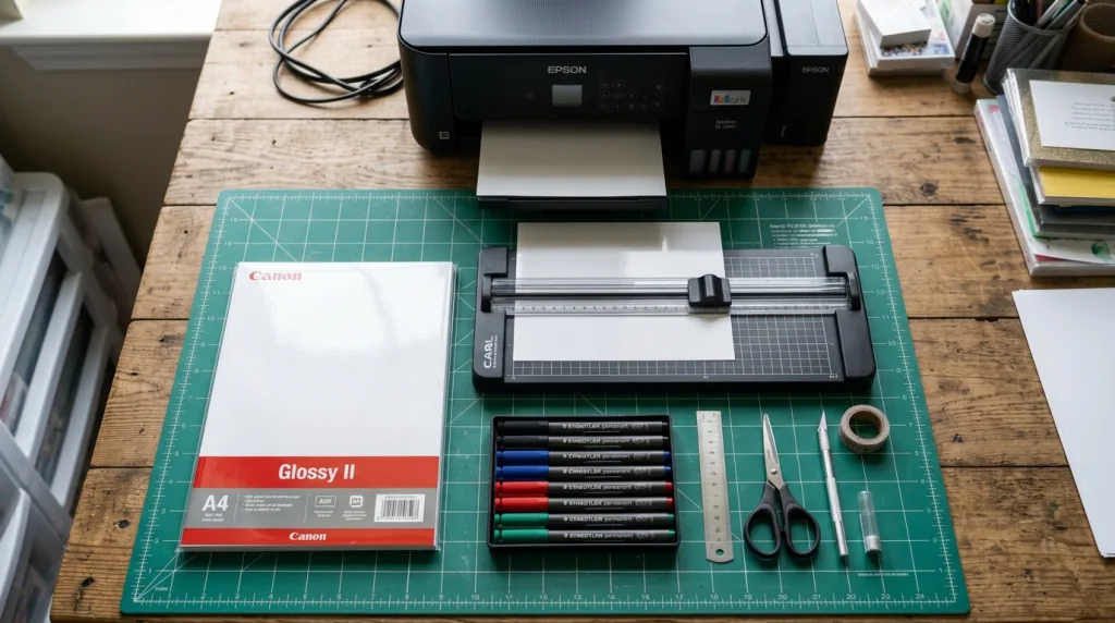 Essential tools and materials for DIY polaroid photo printing at home, including photo paper, a paper trimmer, and markers.