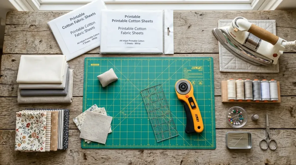 Essential tools and materials for making a DIY photo quilt, including printable fabric sheets, a rotary cutter, and quilting cotton.