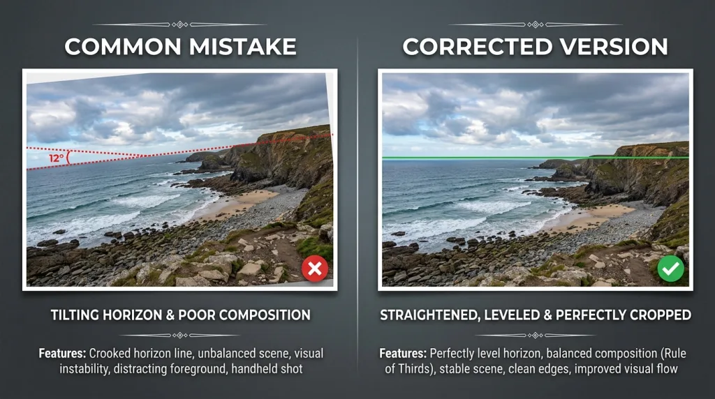Example of how to fix a tilted horizon line mistake in photography editing software