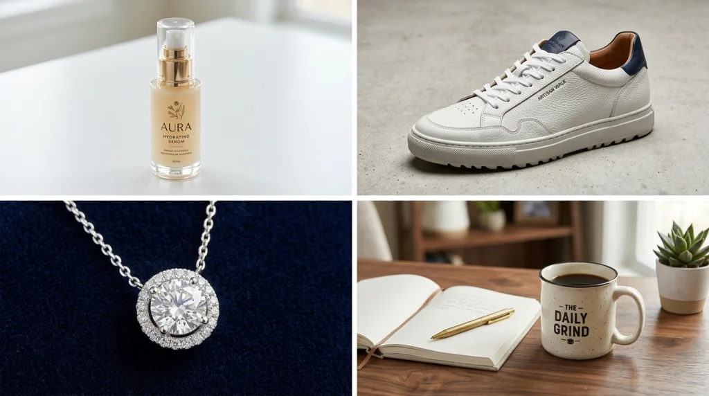 Examples of e-commerce product photography categories including skincare, footwear, jewelry, and lifestyle goods.