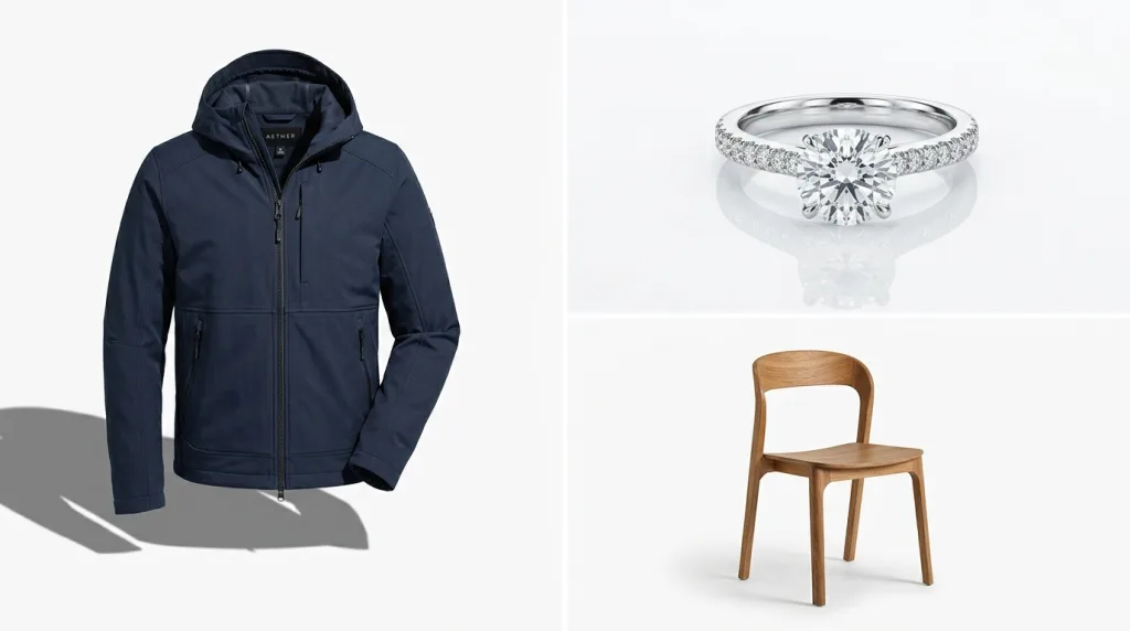 Examples of e-commerce shadow creation techniques across different product categories including apparel, jewelry, and furniture.