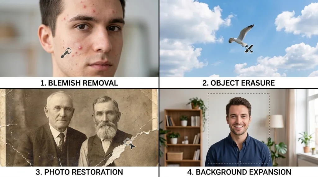 Examples of using Content Aware Fill for skin retouching, object removal, background extension, and photo restoration.