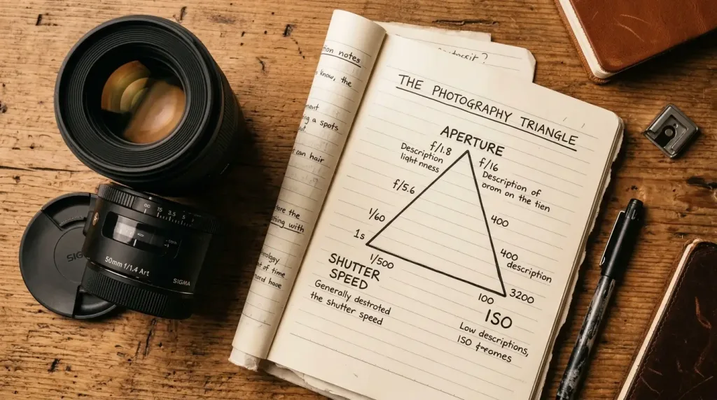 Exposure triangle diagram illustrating the balance between aperture, shutter speed, and ISO
