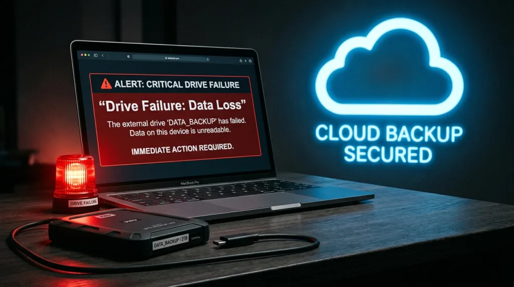 Failed external hard drive demonstrating the risk of not using photo cloud backup