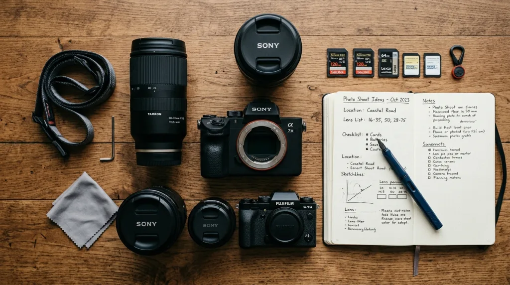 Flat lay of a modern digital camera, lenses, and photography accessories on a desk.