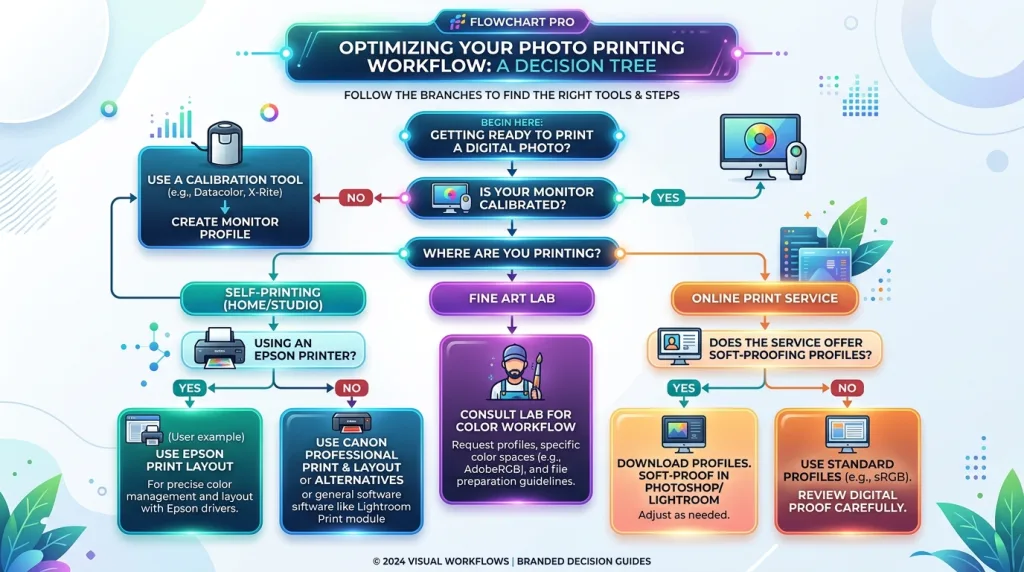 Flowchart guide helping photographers choose the best photo printing software based on their camera, printer, and workflow.