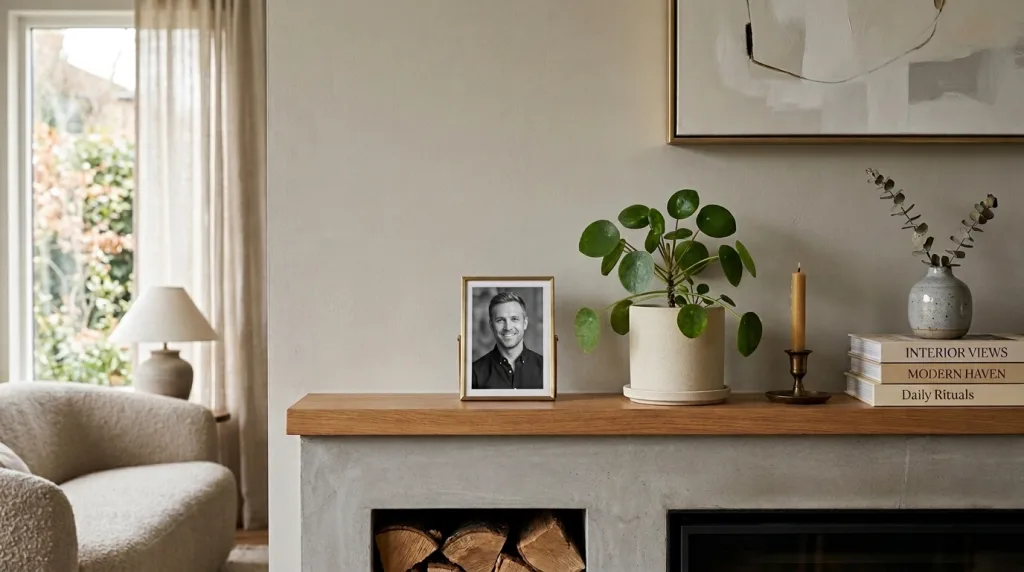 Framed 5x7 portrait photo displayed on a modern wooden desk