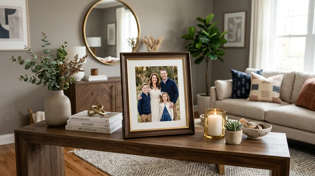 Framed 8x10 standard portrait photo displayed on a living room console table.