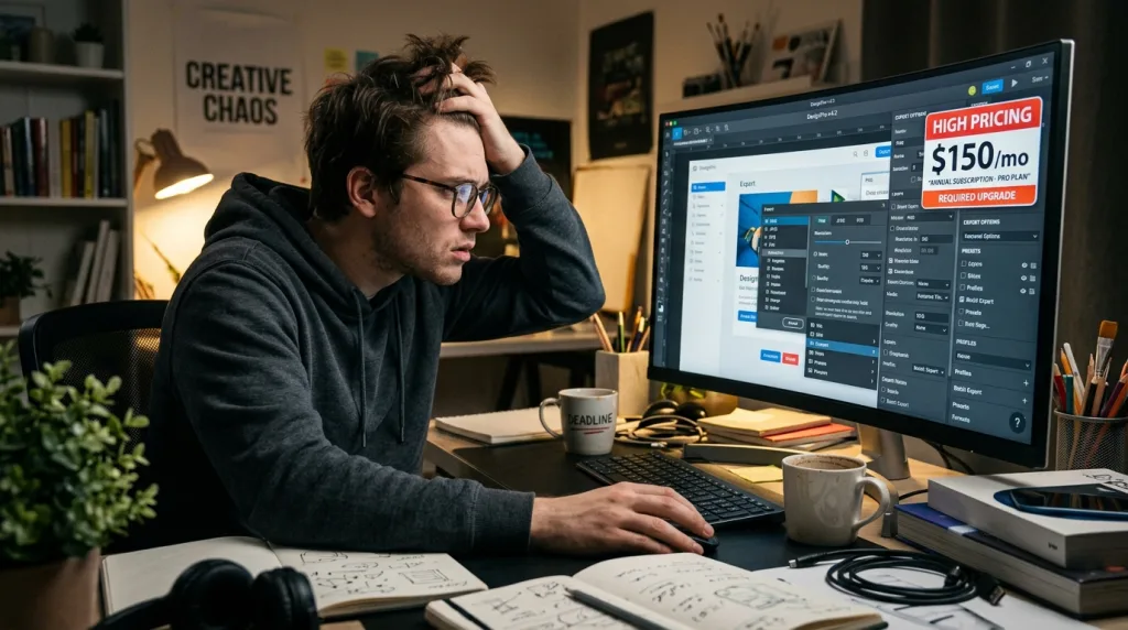 Frustrated designer looking at expensive pricing tiers and complex UI plugin menus.